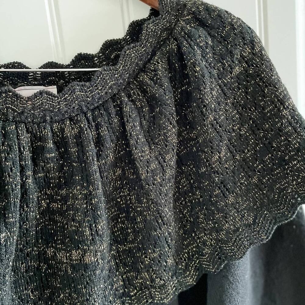 Adele vintage 80s ruffle neck gold metallic & black knit sweater size large L - Picture 2 of 7